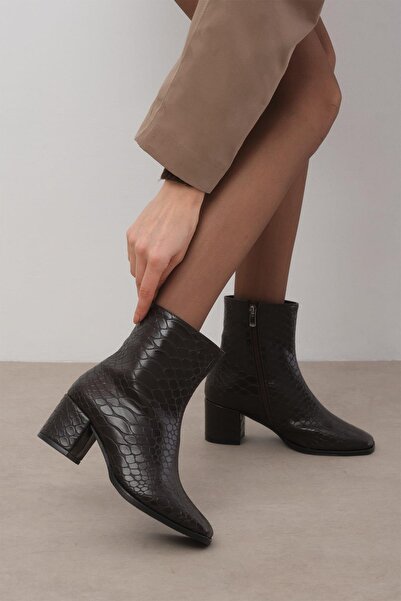 Mio Gusto Macy Krokodil Desenli Kahverengi Kadın Topuklu Bot