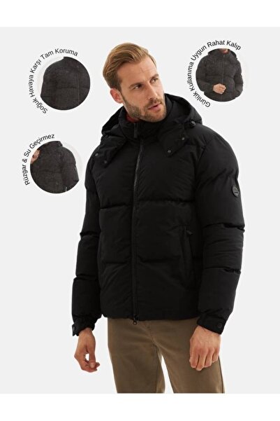 Danger Erkek Su Geçirmez Çıkarılabilir Kapüşonlu Şişme Mont Siyah