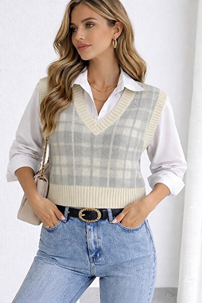 moda mh Къса блуза Moda MH Plaid в каменно сиво, 45 см