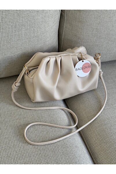 BAGLOVİS Ağızı Büzgülü Krem Kadın Suni Deri Fermuarlı Omuz Çantası EN25 BOY15