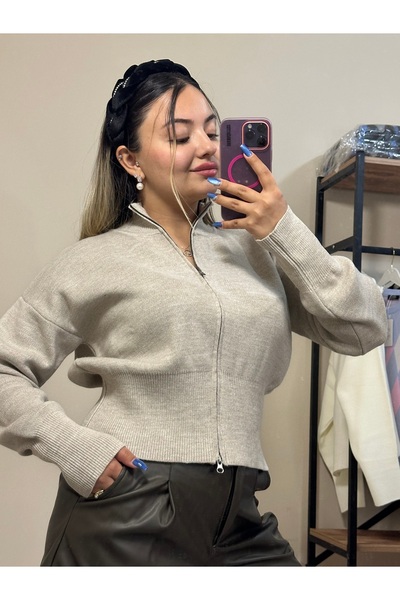 Madmext Taş Rengi Çift Fermuarlı Dik Yaka Kadın Triko Hırka MG2505