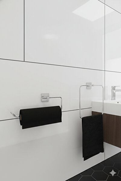 TncPatiShop Kare Krom 2'li Yapışkanlı Banyo Seti | Kare Havluluk Askısı Ve So...
