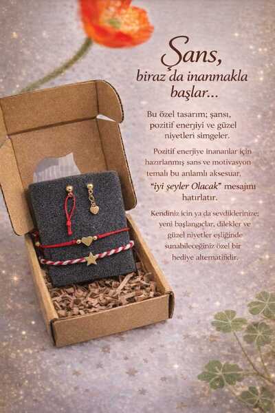 Nayra Işıltısı Kalp Detaylı Kırmızı Şans Bileklikleri ve Şans Küpe Seti - Mar...