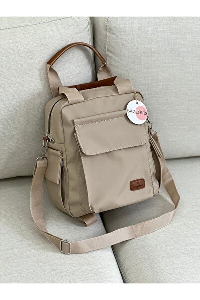 BAGLOVİS YANLARI VE ÖNÜ CEP DETAYLI VİZON KADIN SIRT ÇANTASI