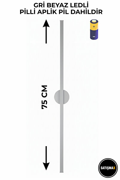 SatışMax Modern Dekoratif Led Duvar Aplik 75 Cm Gri 1 Adet PİLLİ BEYAZ LED