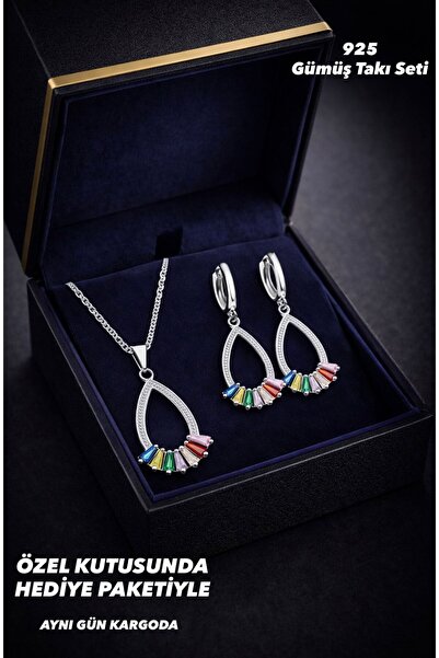 BEREN KILIÇ 925 Ayar Gümüş Renkli Taşlı Modern Tasarım Kolye Küpe Takı Seti H...