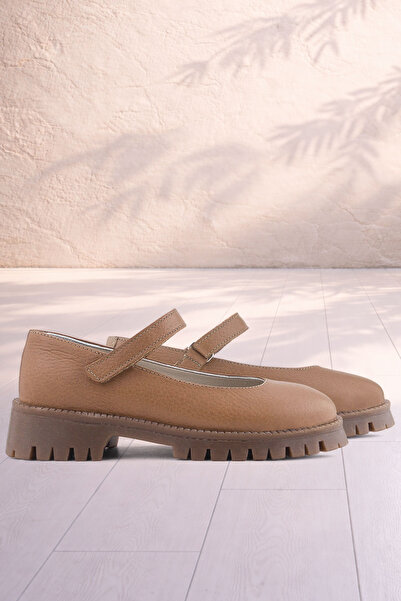 Rakerplus Genuine Leather Tan Velcro Thick Soled Girls' School Shoes