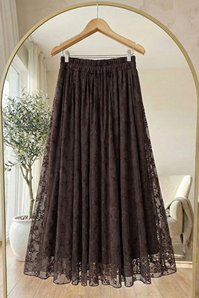 InStyle Bitter Brown Skirt with Floral Flocked Tulle Lining