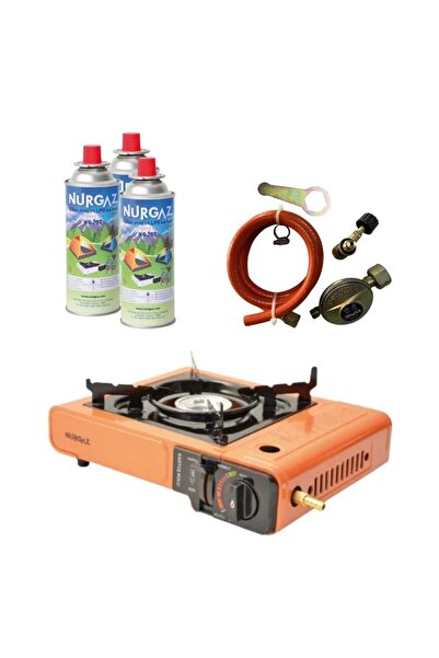 NURGAZ Tekli Portatif Ocak Tüp Girişli Turuncu+Dedantör Set+220Gr 3 Adet