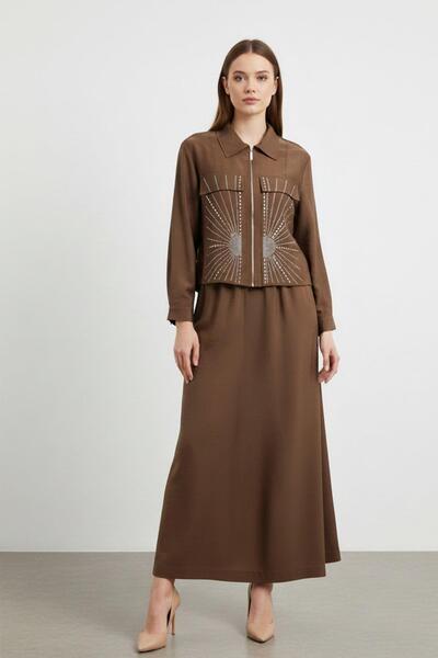 Puane Set de două piese pentru femei, cu guler cu fermoar și detalii din piat...