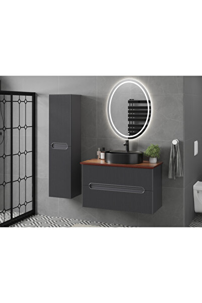 ROSEART BANYO ROSEİPEK ANTRASİT 100CM BANYO DOLABI SETİ AYNA + SERAMİK LAVABO...