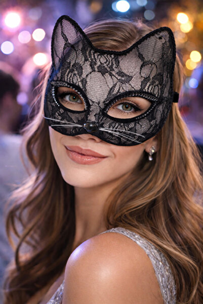 PARTİPORT قناع قطة من الدانتيل باللون الأسود