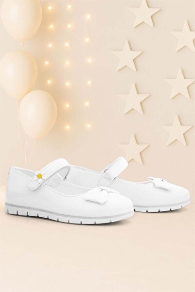 Rakerplus Бели лачени кожени балерини с велкро и панделка за момичета