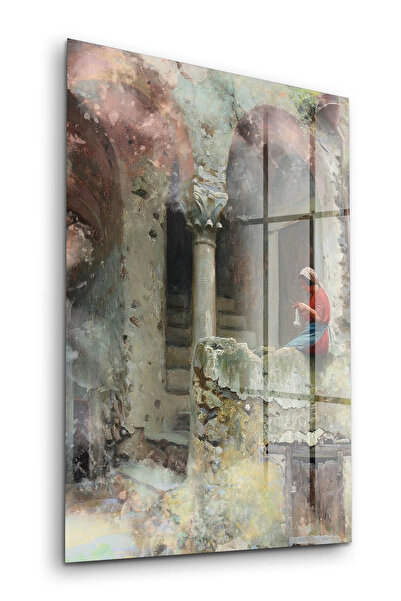 Decovetro Stakleni sto, uljana slika, devojka tkačica