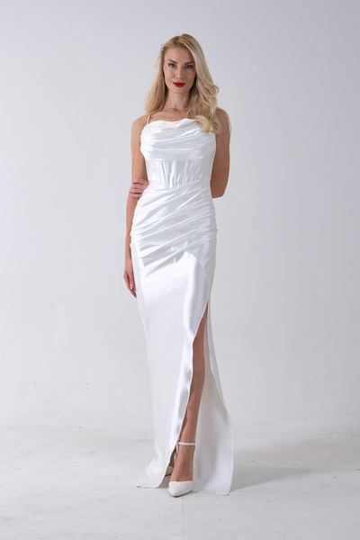 Feminist Sırtı Bağlamalı Yırtmaçlı Abiye Ekru 4522018