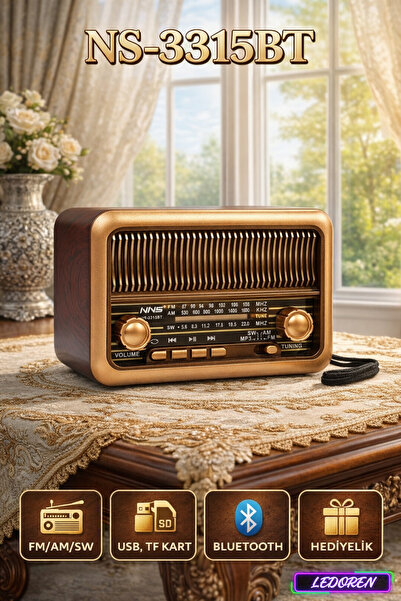 L'eDoren NNS NS-3315BT Bluetooth Nostaljik Ahşap Radyo FM/USB/SD Taşınabilir ...