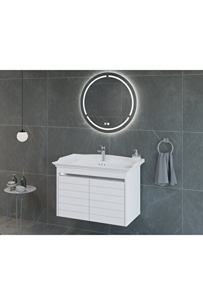 ROSEART BANYO ESTELLA2 BEYAZ 80CM BANYO DOLABI SETİ LED AYNA + ALT MODÜL + SE...