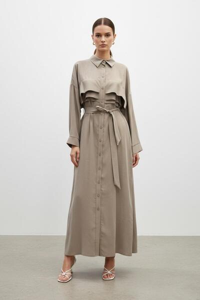 Puane Rochie lungă de damă cu curea și nasturi-12668 - MINK