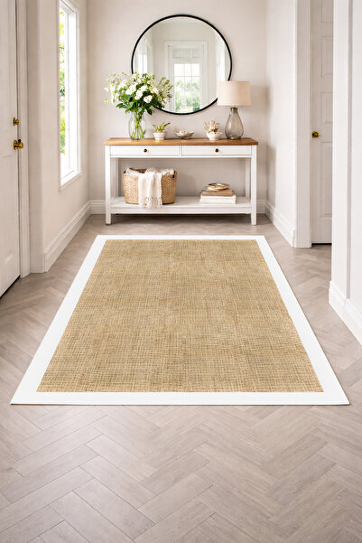 Decomia Home Dijital Kaymaz Yıkanabilir Jüt Görünümlü Beyaz Çerçeveli Salon H...