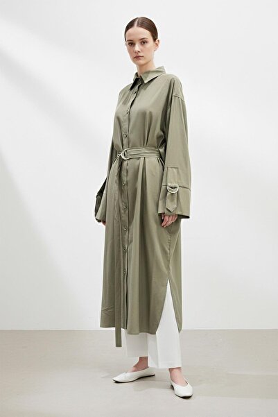 Puane Жіноча сорочка з довгими ґудзиками та поясом -10753 - KHAKI