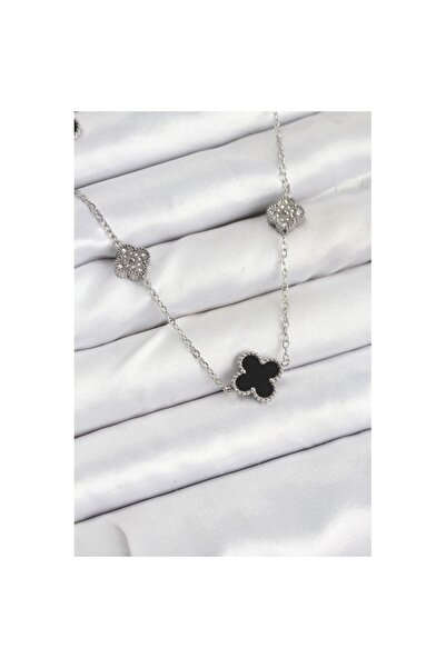 Skygo 316L Steel Chain Silver Color Black and Zircon Stone Clover Women Neckl...