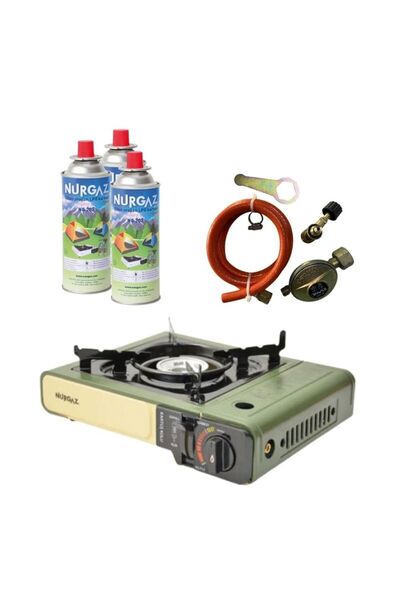 NURGAZ Tekli Portatif Ocak Tüp Girişli Haki+Dedantör Set+220Gr 3 Adet