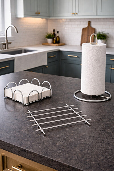 KARTEYA Lüx 3'lü Mutfak Servis Sunum Seti Havluluk Peçetelik Nihale Gümüş Krom