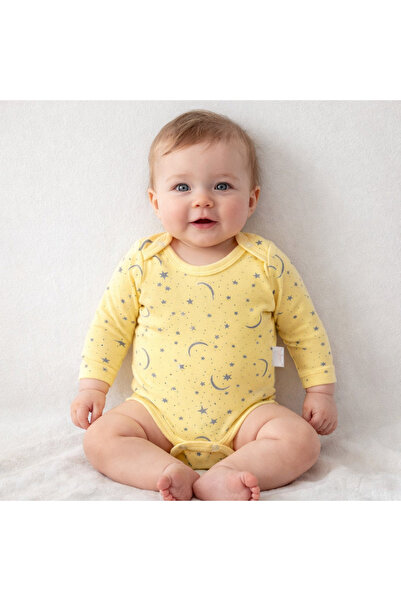 LİLORA Bebek Uzun Kollu Body Zıbın | Desenli Pamuklu Çıtçıtlı – Sarı