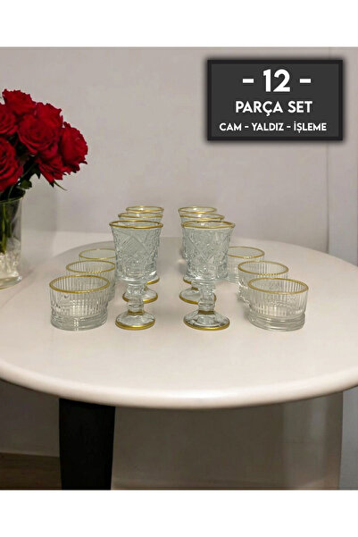 gkzglass home dekor Orkide Julia Cam Yaldızlı Kahve Yanı Su Bardağı Sunum Set...