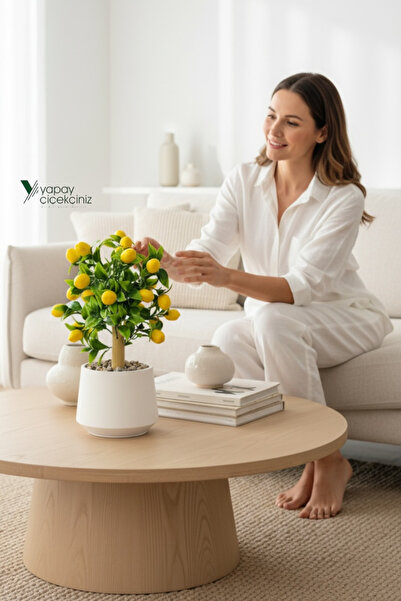 YAPAY ÇİÇEKÇİNİZ Beyaz Beton Saksıda Yapay Limon Ağacı Bambu ve Taş Detaylı