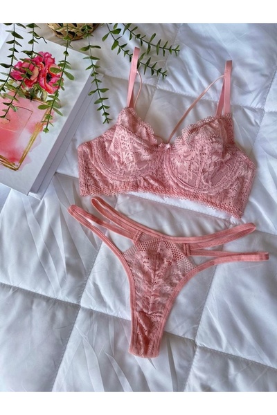 RUYAZ TEKSTİL Lace Bralet Bra Panty Set Pink