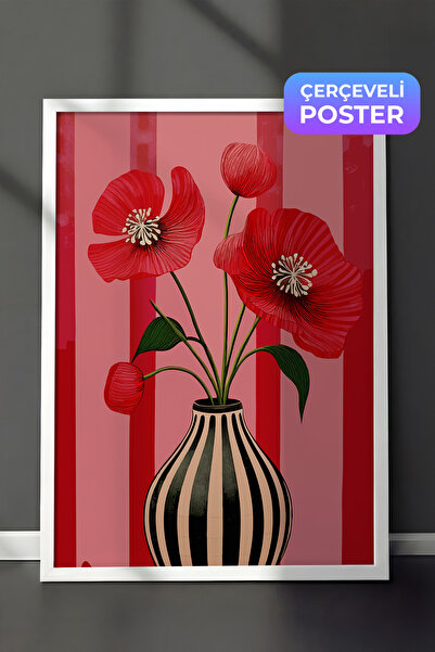 Zestia Beyaz Çerçeveli Tablo, Kırmızı Fon Gelincik, Salon Dekoru Poster No: 1...