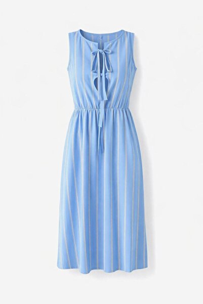 HAZELANNA Bağlamalı Şeritli Mavi Elbise