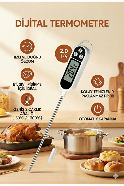 LOVYCO Çubuk Termometre Sıvı Gıda Et Su Yiyecek Sıcaklık Ölçer Mutfak