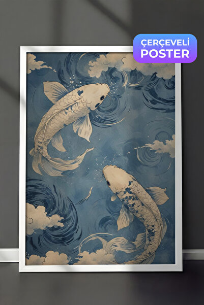 Zestia Beyaz Çerçeveli Tablo, Koi Balıkları, Japon Dalgalar Arasında, Mavi To...