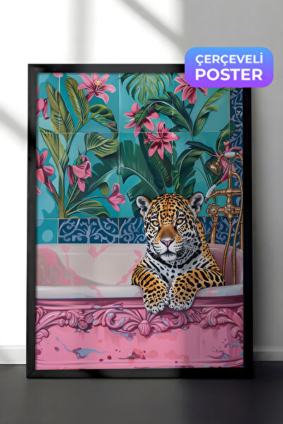 Zestia Siyah Çerçeveli Tablo, Leopar, Çiçekli Duvar Kağıdı, Dijital Sanat Pos...