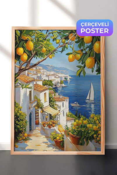 Zestia Ahşap Çerçeveli Duvar Tablosu Akdeniz Sahili Limon Ağacı ve Deniz Manz...