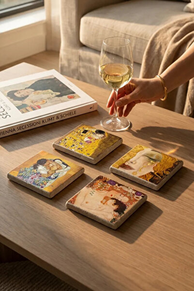 Baumatelier Gustav Klimt Tabloları Baskılı Doğal Taş Traverten Bardak Altlığı...