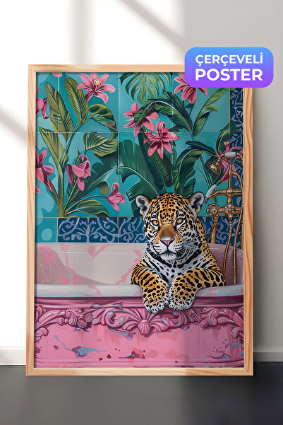 Zestia Ahşap Çerçeveli Tablo, Leopar, Çiçekli Duvar Kağıdı, Dijital Sanat Pos...