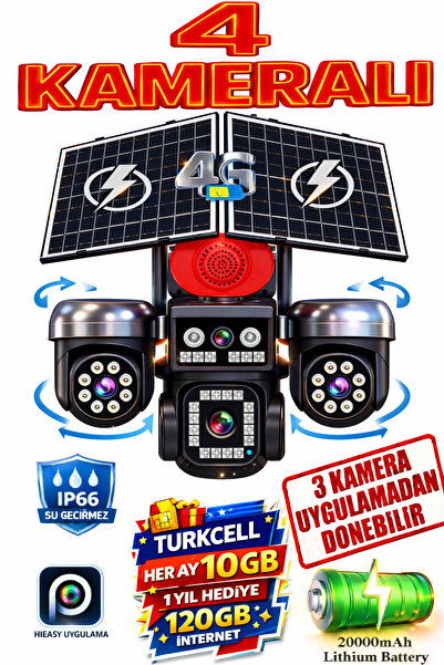 TRCharger 4 Kameralı (3 Motorlu + 1 Sabit)12MP 4G Solar Kamera AOV 7/24 Kayıt...