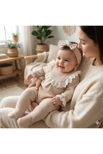 O Baby Waffle Kumaş Fistonlu 2'li Tulum Kız Bebek Yenidoğan Mevlüt Takımı Ban...