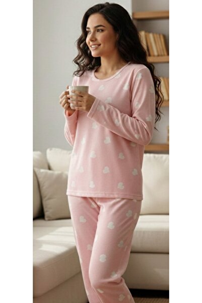 trendmodaal طقم بيجاما مريح من قماش السويد مع نقش قلب وردي