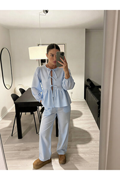 King Brothers بلوزة نسائية بفيونكة وأكمام بالون مخططة من البوبلين