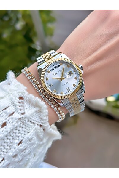 Ferrucci ساعة يد نسائية بسوار فولاذي وتقويم 3 ATM مقاومة للماء وضمان لمدة عامين