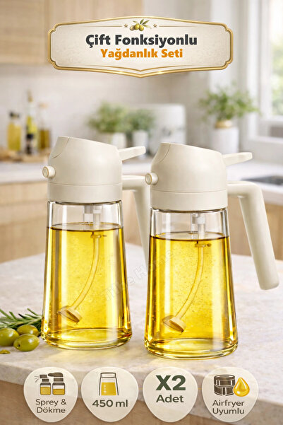 Madamev 2 Adet Çift Fonksiyonlu Cam Yağdanlık 450ml Zeytinyağı Sıvıyağ Şişe S...