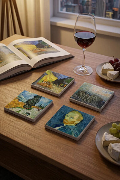 Baumatelier مجموعة لوحات فنسنت فان جوخ من حجر الترافرتين الطبيعي مكونة من 4 قطع