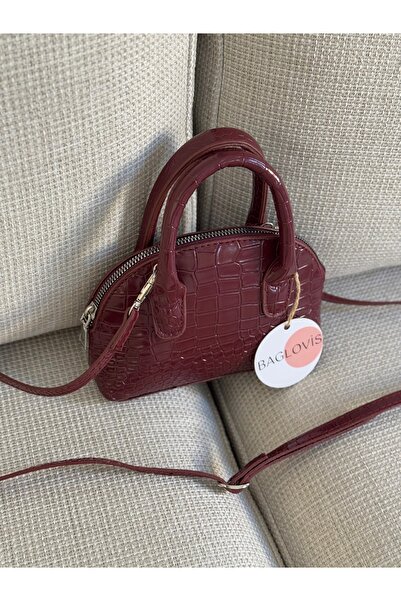 BAGLOVİS KROKO DERİ MİNİK EL VE ÇAPRAZ BORDO KADIN OMUZ ÇANTASI EN18 BOY12