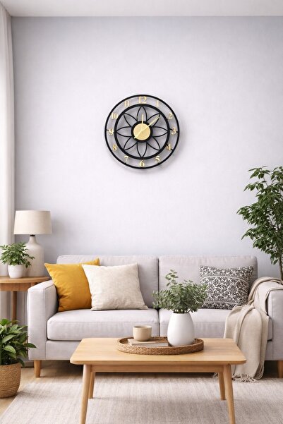 Zoe3 Style Floral Style Siyah-Gold Pleksi Dekoratif Duvar Saati - Sessiz Meka...
