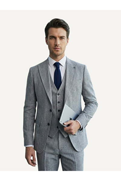 HERMOSE أساسي |   بدلة من الكتان الرمادي الحجري مع سترة ذات ملمس مميز