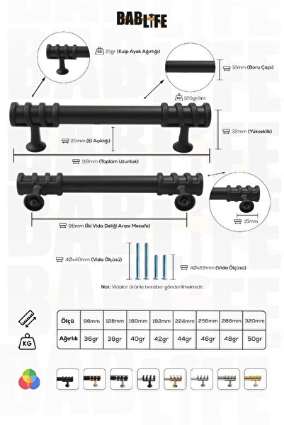 bablife Napoli Mat Siyah Lüks Çekmece Dolap Vestiyer Mobilya Kulpları (96MM,1...